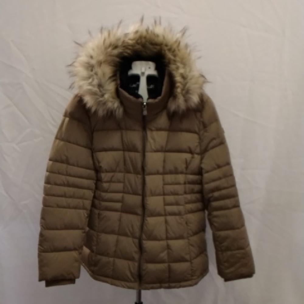 Calvin Klein Tan Puffer Jacket with Faux Fur Trim